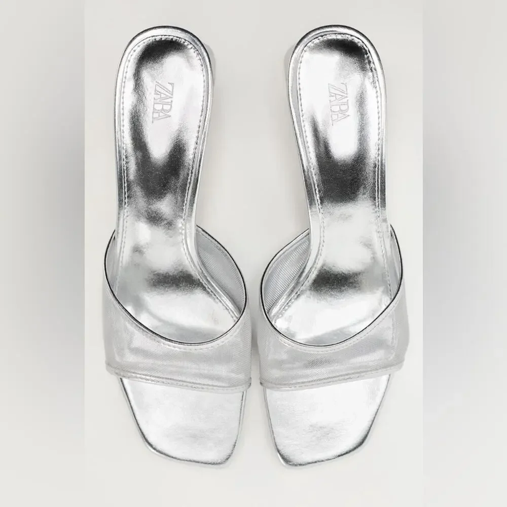Zara Silver METALLIC MESH HEELED SLIDES Size 7.5 - Picture 2 of 13